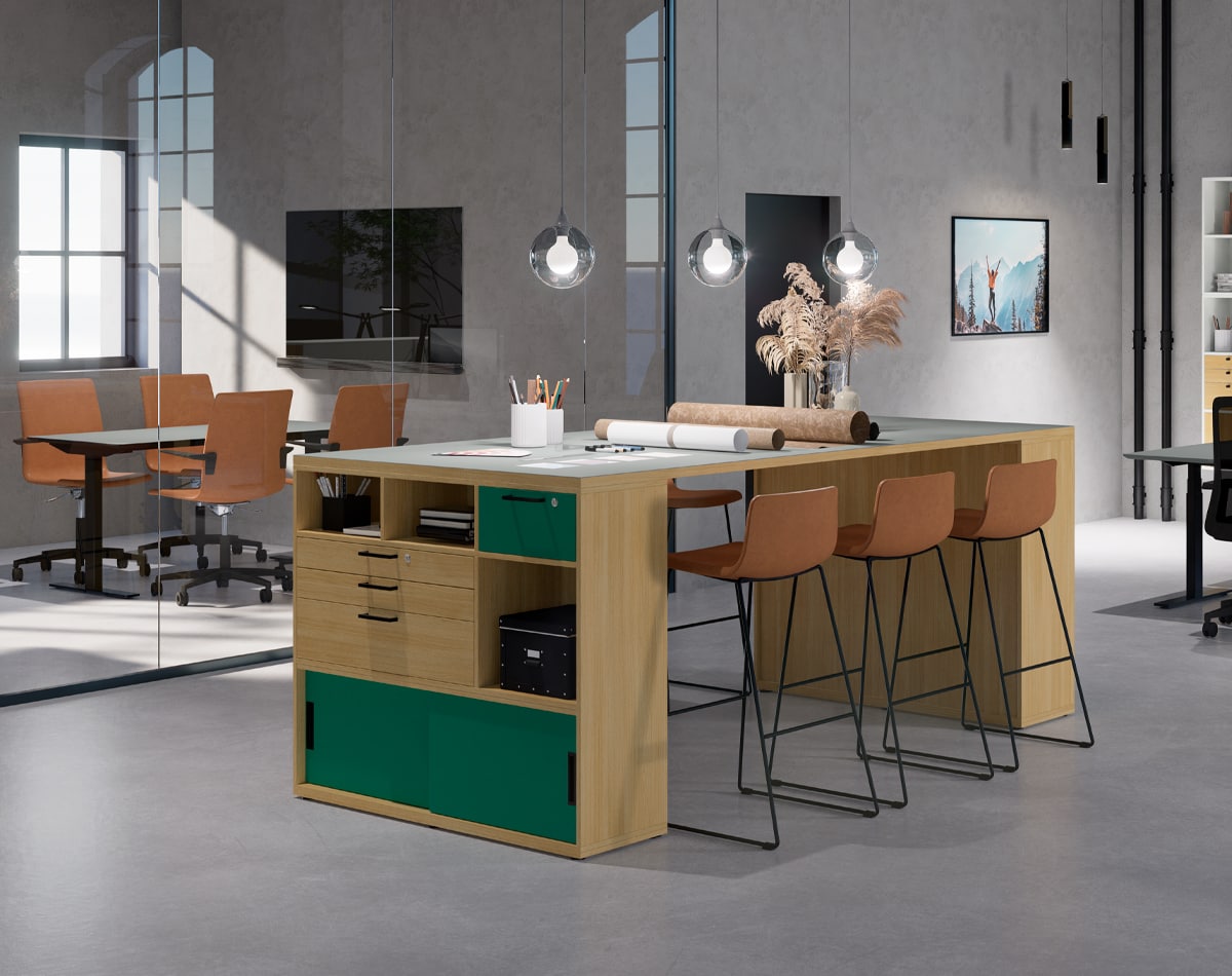 Cube Design - office furniture - kontormøbler Sliding door cabinet with top plate and S20 bar stools